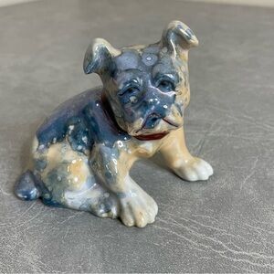 Vintage Collectible Iridescent Blue and Cream Bulldog Puppy Porcelain Figurine